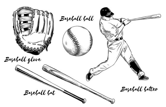 Isolated baseball set on white background. Hand-drawn elements such as baseball player, glove, bat and ball. Vector illustration