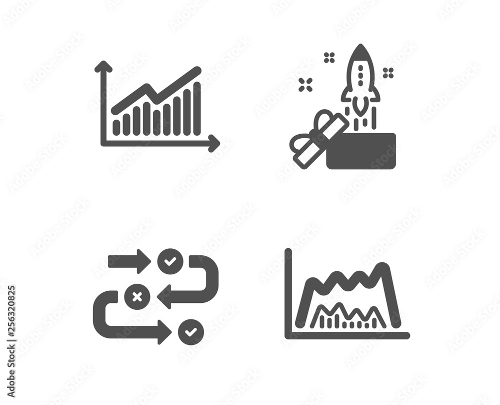 Poster set of innovation, survey progress and graph icons. trade chart sign. crowdfunding, algorithm, prese