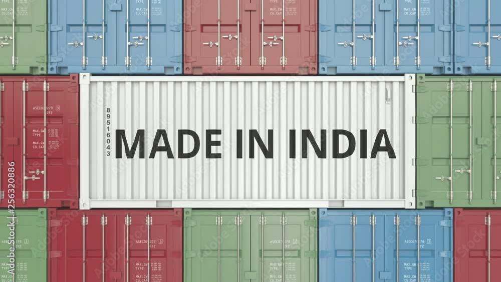 Poster container with made in india text. indian import or export related 3d animation