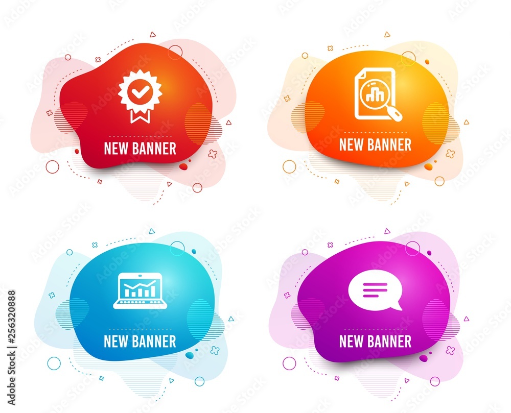 Poster liquid badges. set of certificate, web analytics and analytics graph icons. chat sign. verified awar
