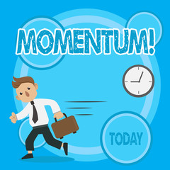 Word writing text Momentum. Business photo showcasing Quantity motion in moving body Product of mass and velocity Man in Tie Carrying Briefcase Walking in a Hurry Past the Analog Wall Clock