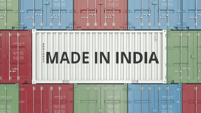 Container with MADE IN INDIA text. Indian import or export related 3D animation