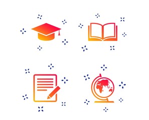 Pencil with document and open book icons. Graduation cap and geography globe symbols. Learn signs. Random dynamic shapes. Gradient book icon. Vector