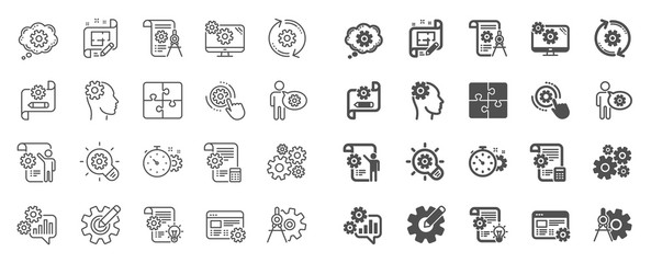 Engineering line icons. Set of Idea bulb, Dividers tools and Blueprint linear icons. Cogwheel, calculate price, mechanical tools. Idea bulb with cog, architect dividers, engineering people. Vector - obrazy, fototapety, plakaty