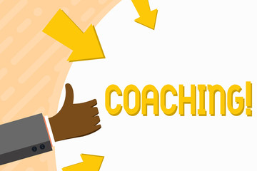 Word writing text Coaching. Business photo showcasing Prepare Enlightened Cultivate Sharpening Encourage Strenghten Hand Gesturing Thumbs Up and Holding on Blank Space Round Shape with Arrows