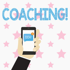 Text sign showing Coaching. Business photo text Prepare Enlightened Cultivate Sharpening Encourage Strenghten Human Hand Holding Smartphone with Numbered Unread Blank Message on Screen