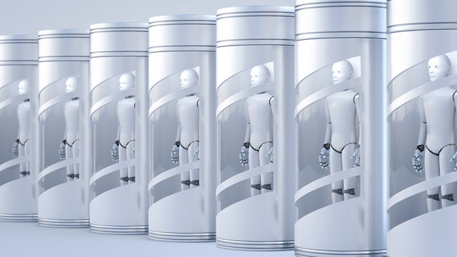 Row of robots caught in glass cases, d rendering