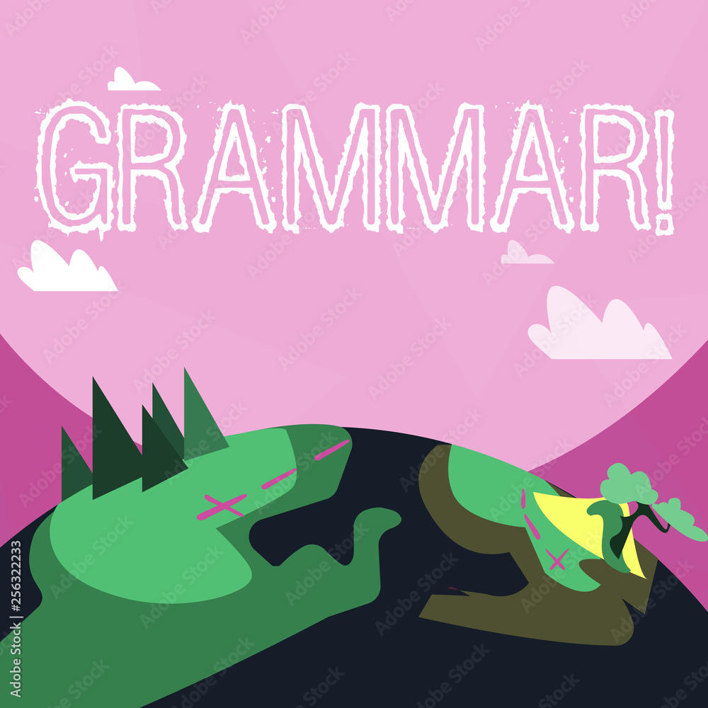 Poster handwriting text grammar. conceptual photo system and structure of a language writing rules mountain