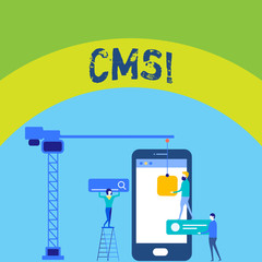 Writing note showing Cms. Business concept for Content Management System supports modification of digital content Staff Working Together for Common Target Goal with SEO Process Icons