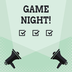 Conceptual hand writing showing Game Night. Concept meaning usually its called on adult play dates like poker with friends Spotlight Crisscrossing Upward from Megaphones on the Floor
