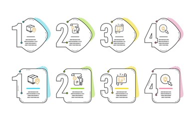 Architectural plan, Manual doc and Parcel tracking icons simple set. Energy sign. Technical project, Project info, Package location pin. Turn on the light. Industrial set. Infographic timeline