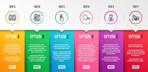 Businessman, Breathing exercise and Partnership icons simple set. Exhibitors, Swipe up and Cleaning service signs. User data, Breath. People set. Infographic template. 6 steps timeline. Vector © blankstock