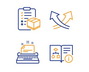 Typewriter, Parcel checklist and Intersection arrows icons simple set. Technical algorithm sign. Instruction, Logistics check, Exchange. Project doc. Industrial set. Linear typewriter icon. Vector