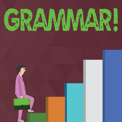 Word writing text Grammar. Business photo showcasing System and Structure of a Language Writing Rules Businessman Carrying a Briefcase is in Pensive Expression while Climbing Up