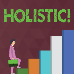 Word writing text Holistic. Business photo showcasing Belief the parts of something are interconnected Related to holism Businessman Carrying a Briefcase is in Pensive Expression while Climbing Up