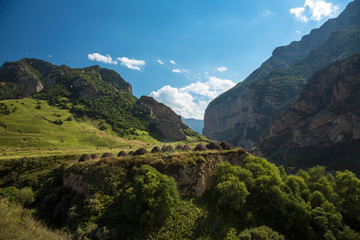 Mountains of the North Caucasus, mountain tops in clouds. Wild nature