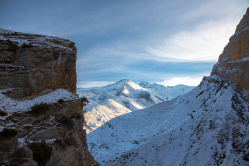 Mountains of the North Caucasus, mountain tops in clouds. Wild nature