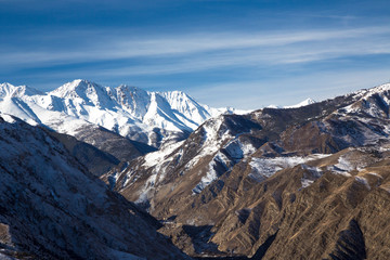 Mountains of the North Caucasus, mountain tops in clouds. Wild nature