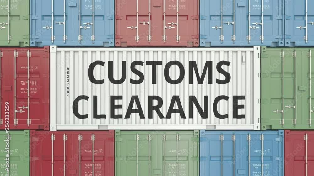 Poster container with customs clearance text. 3d animation