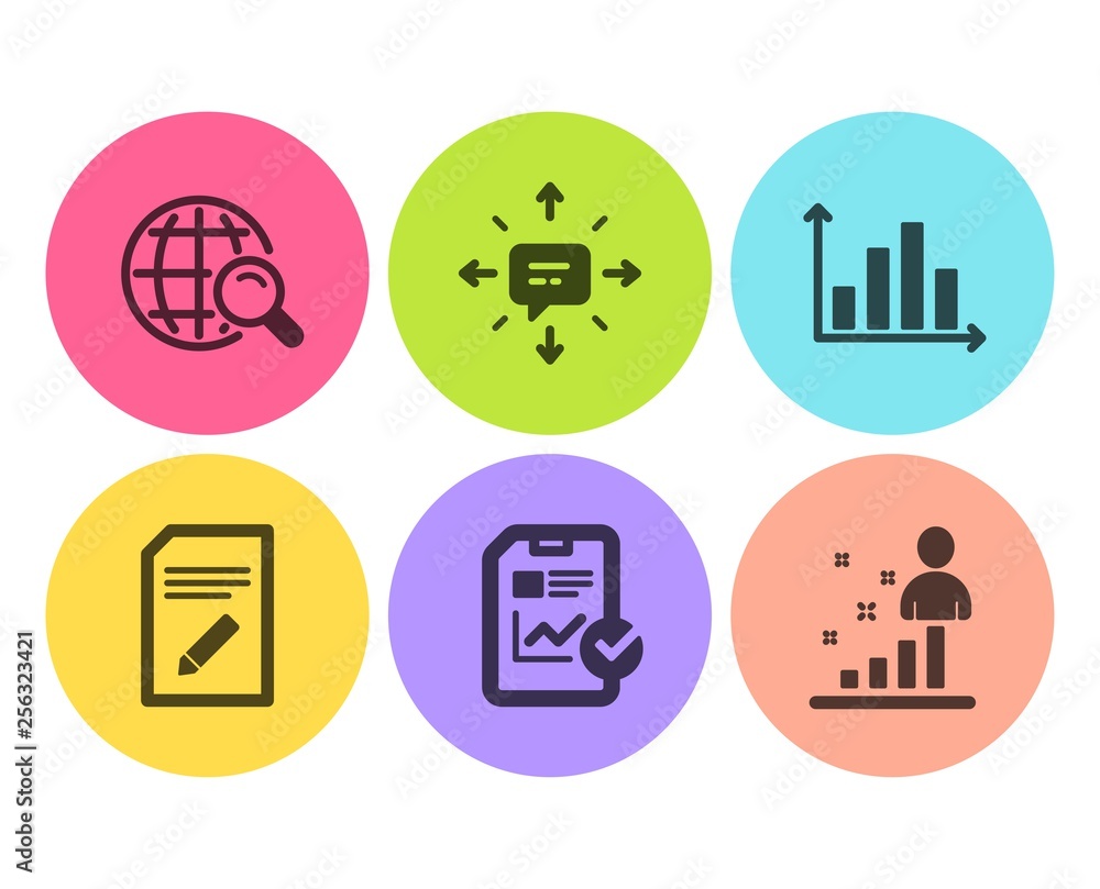 Poster diagram graph, edit document and sms icons simple set. internet search, report checklist and stats s