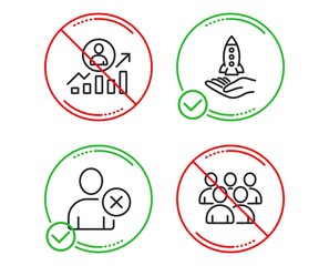 Do or Stop. Career ladder, Crowdfunding and Delete user icons simple set. Group sign. Manager results, Start business, Remove profile. Developers. People set. Line career ladder do icon. Vector