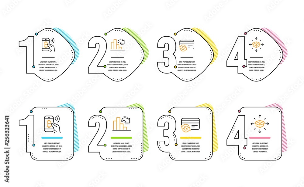 Poster bitcoin pay, decreasing graph and change card icons simple set. parcel delivery sign. mobile payment