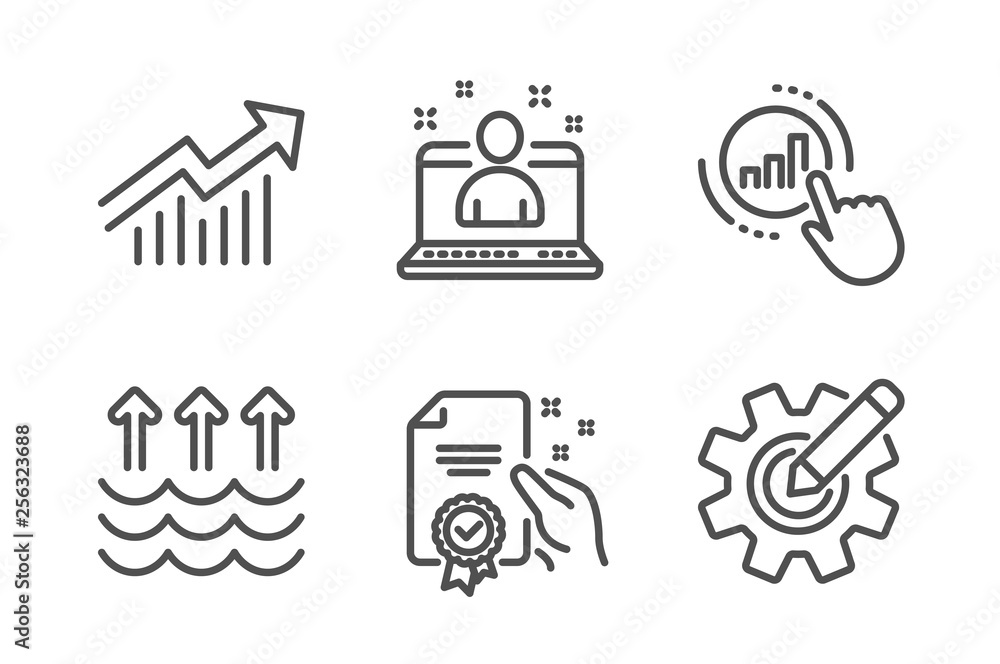 Poster demand curve, graph chart and certificate icons simple set. evaporation, best manager and cogwheel s