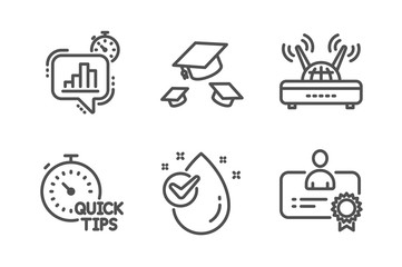 Quick tips, Water drop and Statistics timer icons simple set. Throw hats, Wifi and Certificate signs. Helpful tricks, Clean aqua. Science set. Line quick tips icon. Editable stroke. Vector