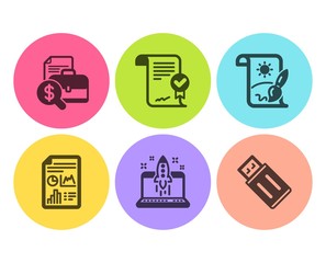 Approved agreement, Report document and Start business icons simple set. Accounting report, Creative painting and Usb flash signs. Verified document, Growth chart. Education set. Vector