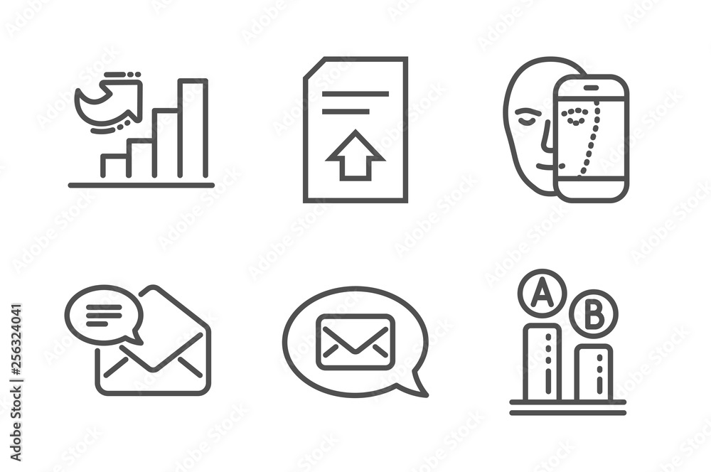 Poster new mail, messenger and growth chart icons simple set. upload file, face biometrics and ab testing s