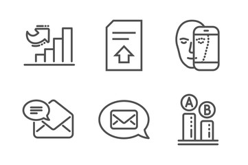 New mail, Messenger and Growth chart icons simple set. Upload file, Face biometrics and Ab testing signs. Received e-mail, New message. Technology set. Line new mail icon. Editable stroke. Vector