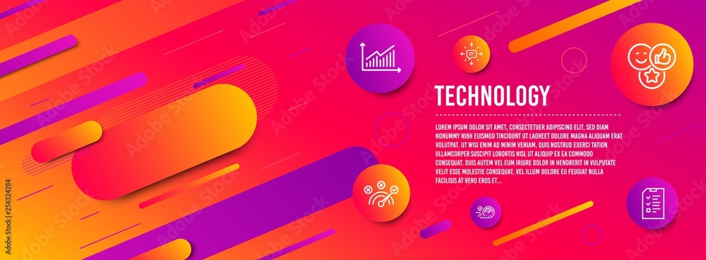 Poster header banner. sms, correct answer and graph icons simple set. like, speedometer and interview signs