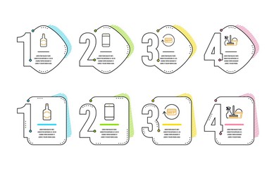 Smartphone, Refund commission and Whiskey bottle icons simple set. Household service sign. Cellphone or phone, Cashback card, Scotch alcohol. Cleaning equipment. Infographic timeline. Vector
