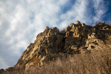 Mountains of the North Caucasus, mountain tops in clouds. Wild nature