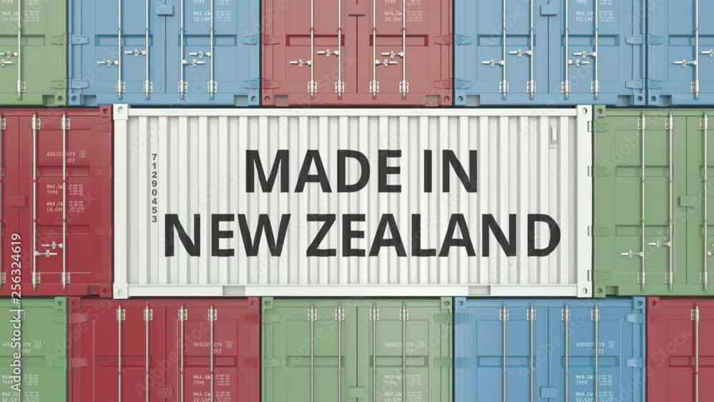 Poster cargo container with made in new zealand text. import or export related 3d animation