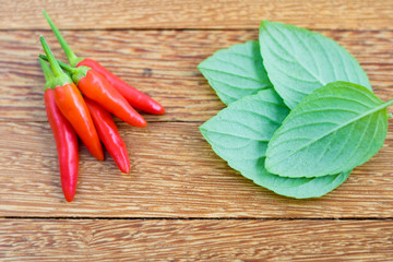 Red hot chili pepper and basil leaves wood background