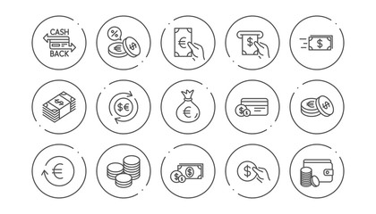 Money and payment line icons. Cash, Wallet and Coins. Account cashback linear icon set. Line buttons with icon. Editable stroke. Vector