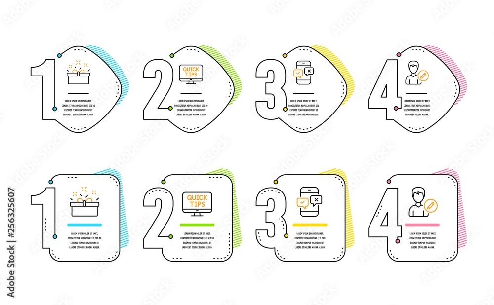 Poster present box, web tutorials and phone survey icons simple set. edit person sign. sale offer, quick ti