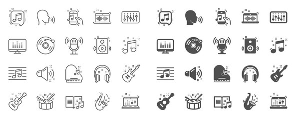 Music line icons. Set of Acoustic guitar, Musical note, Vinyl record icons. Jazz saxophone, Drums with drumsticks, DJ controller. Sound check, Mic, Music making, Electric guitar. Musical note. Vector - obrazy, fototapety, plakaty