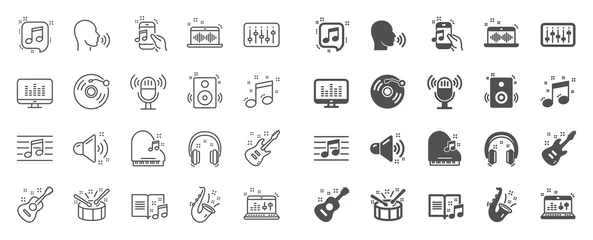Foto auf Alu-Dibond Music line icons. Set of Acoustic guitar, Musical note, Vinyl record icons. Jazz saxophone, Drums with drumsticks, DJ controller. Sound check, Mic, Music making, Electric guitar. Musical note. Vector © blankstock