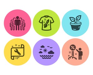 Spanner, T-shirt design and Group icons simple set. Leaves, Travel sea and Discount signs. Repair service, Painting. Business set. Flat spanner icon. Circle button. Vector