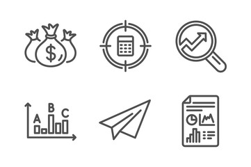 Check investment, Paper plane and Calculator target icons simple set. Analytics, Survey results and Report document signs. Business report, Airplane. Technology set. Line check investment icon