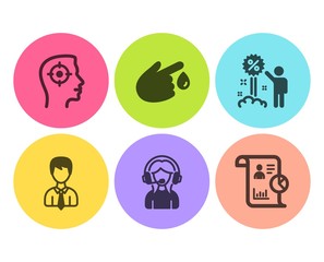 Discount, Businessman and Blood donation icons simple set. Recruitment, Support and Report signs. Sale shopping, User data. People set. Flat discount icon. Circle button. Vector