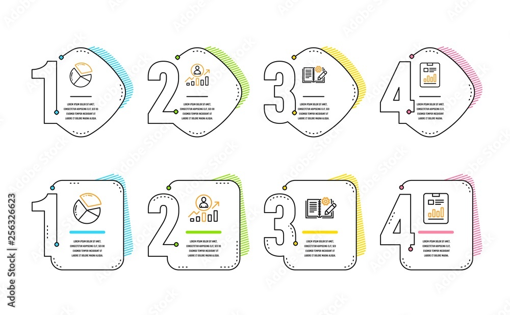 Poster career ladder, engineering documentation and pie chart icons simple set. report document sign. manag