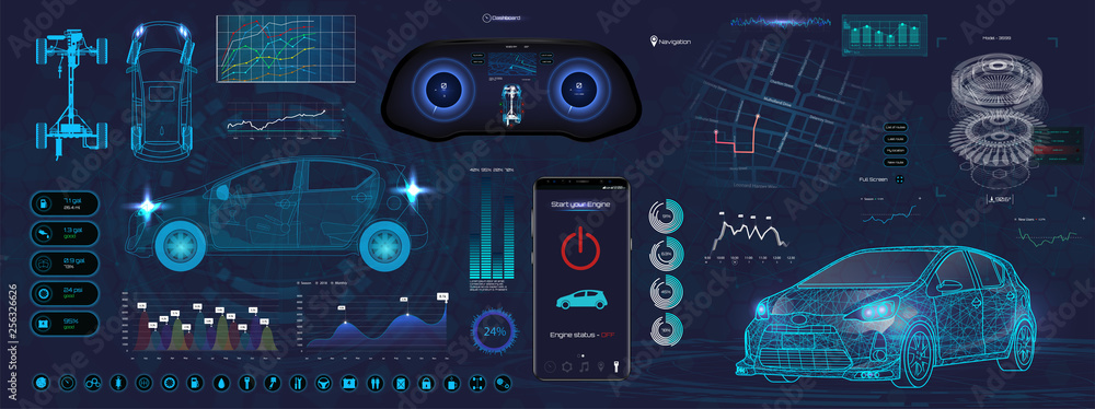 Poster Application Elements for Car, Futuristic style (HUD). Ui,UX, Kit. Set Elements for mobile app, dark color, dashboard, navigation & 3d model. Template smartphone application. Vector elements set HUD UI