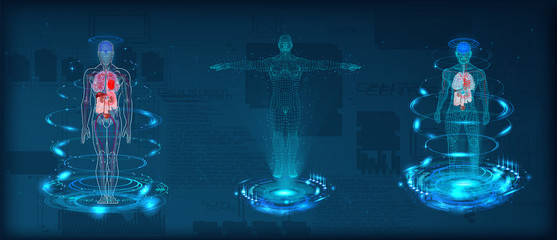 Human body low poly wireframe. Futuristic scan set, human hologram, body x-ray, 3d model in HUD style. Polygonal wireframe mesh with scattered particles and light effects on dark background. Vector 