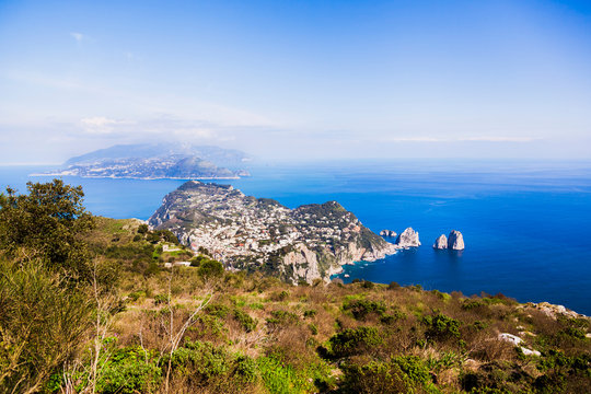Italy, Campania, Capri, Anacapri, Faraglioni rocks, view from Monte Solaro