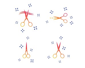 Scissors icons. Hairdresser or barbershop symbol. Scissors cut hair. Cut dash dotted line. Tailor symbol. Random dynamic shapes. Gradient scissors icon. Vector