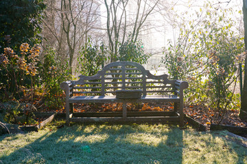 Obraz premium Winter at the pond in natural beautiful garden. A landscape view on a summer morning in frost & sunlight of a garden, plant borders, green frosty grass lawn brown and wood bench.