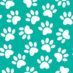 Fototapeta na wymiar Paw print seamless. Vector illustration animal paw track pattern. backdrop with silhouettes of cat or dog footprint.